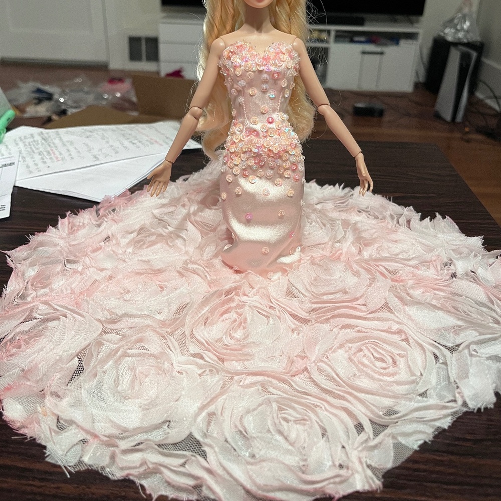3D Pink Rose Mermaid Gown Fit Muse Model Barbie, Poppy Parker Integrity Fashion